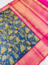 Blue color kanchipuram silk saree with kalamkari weaving work