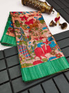 Rama green color tussar silk saree with kalamkari printed work