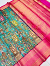 Sea green color kanchipuram silk saree with kalamkari printed work