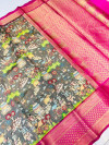 Gray color kanchipuram silk saree with kalamkari printed work