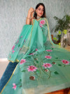 Rama green color organza silk saree with digital printed work
