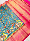 Sky blue color kanchipuram silk saree with kalamkari printed work