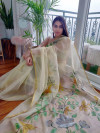 Light yellow color organza silk saree with digital printed work