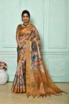Multi color tussar silk saree with kalamkari printed work