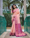 Peach color kanchipuram silk saree with zari weaving work