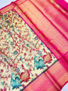 Off white color kanchipuram silk saree with kalamkari printed work