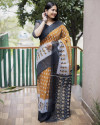 Multi color linen cotton saree with ikkat printed work