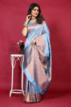 Powder blue color banarasi silk saree with zari weaving work