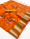 Orange color soft organza silk saree with foil printed work