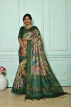 Dark green color tussar silk saree with kalamkari printed work