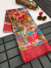 Red color tussar silk saree with kalamkari printed work