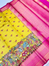 Yellow color kanchipuram silk saree with kalamkari printed work