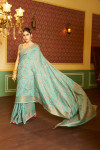 Sea green color soft cotton silk saree with woven design