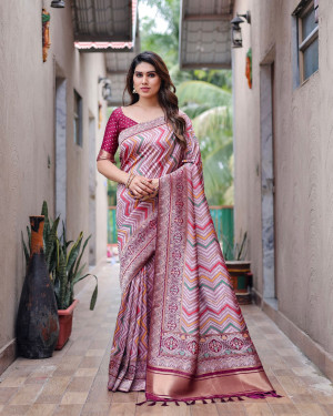 Magenta color kanjivaram silk saree with woven design