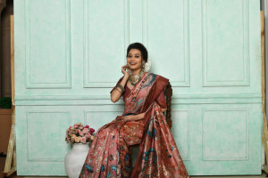 Pink color tussar silk saree with kalamkari printed work
