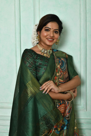 Dark green color tussar silk saree with kalamkari printed work