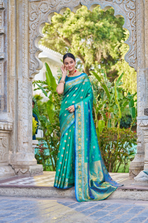 Green color banarasi silk saree with zari weaving work