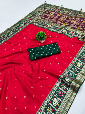 Red color patola silk saree with foil printed work