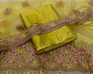 Embroidery blouse & belt with yellow coding chiffon saree