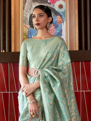 Sea green color katan silk saree with zari weaving work