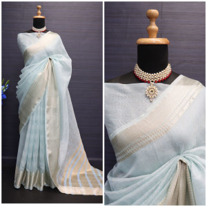 Sky blue color soft tussar silk saree with zari weaving border