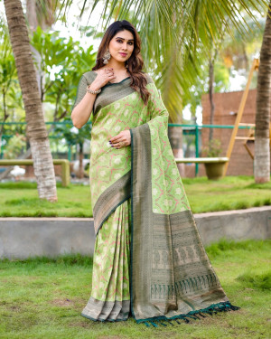 Parrot green color kanjivaram silk saree with zari weaving work