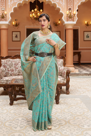 Sea green color soft cotton silk saree with zari weaving work