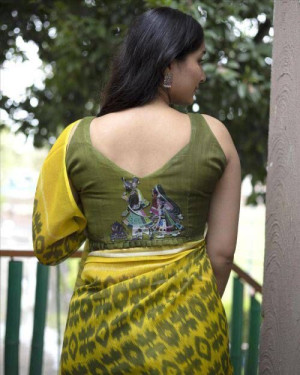 Lemon yellow color linen cotton saree with ikat printed work