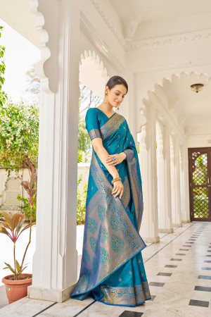 Rama green color soft banarasi silk saree with zari weaving work