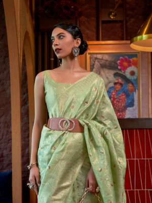 Pista green color katan silk saree with zari weaving work
