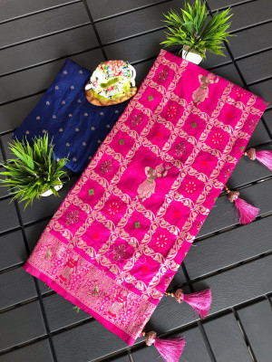Rani pink color dola silk saree with zari woven work