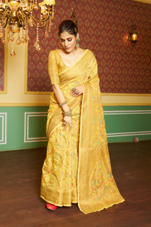 Yellow color soft cotton silk saree with woven design