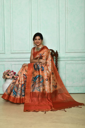 Peach color tussar silk saree with kalamkari printed work