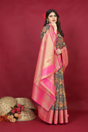 Gray color kanchipuram silk saree with digital printed work