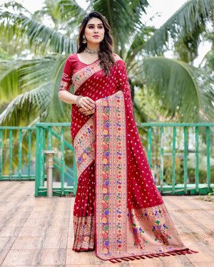 Maroon color bandhej silk saree with zari weaving work