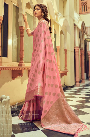 Baby pink color soft banarasi silk saree with zari weaving work