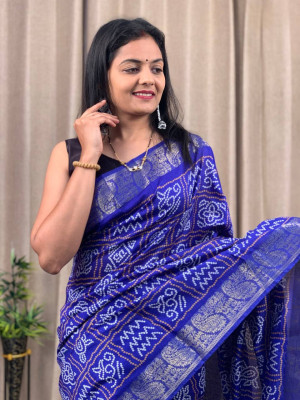 Royal blue color tussar silk saree with bandhani printed work