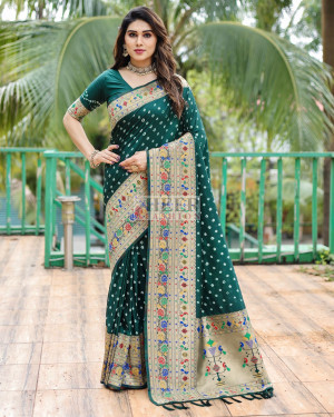 Bottle green  color bandhej silk saree with zari weaving work