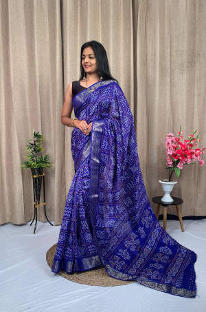 Royal blue color tussar silk saree with bandhani printed work