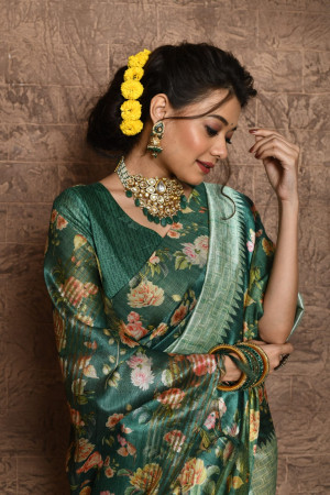 Green color tussar silk saree with digital printed work