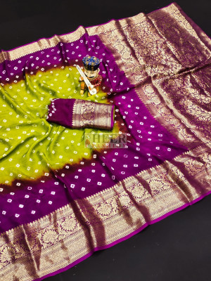 Multi color hand bandhej silk saree with bandhani printed work