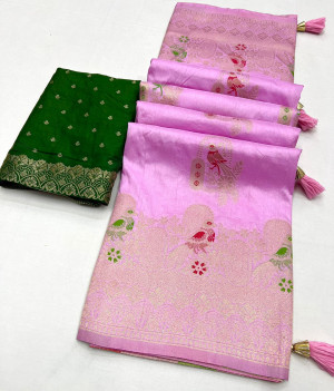 Baby pink color dola silk saree with zari weaving work