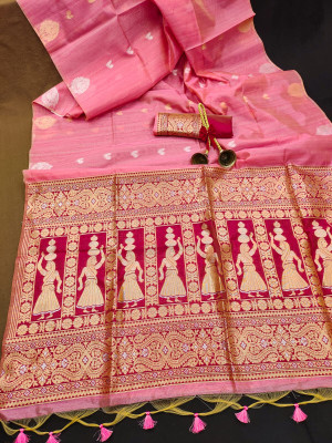 Baby pink color tussar silk saree with zari weaving work