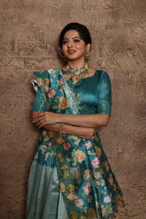 Rama green color tussar silk saree with digital printed work