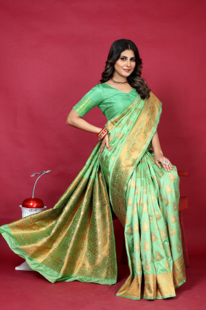 Olive Light green color banarasi silk saree with zari weaving work