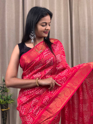 Red color tussar silk saree with bandhani printed work