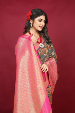 Gray color kanchipuram silk saree with kalamkari design