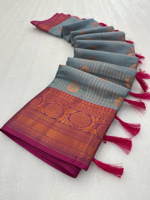 Sea green color kanjivaram silk saree with woven design