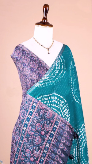 Rama green color soft cotton saree with digital printed work