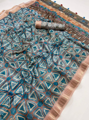 Firoji color soft cotton saree with digital printed work